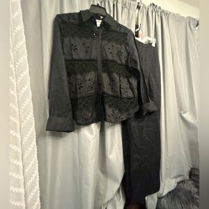 Vintage 70s Dead Stock 100% Linen Embroidered Pantsuit Black NWT